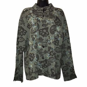 Sigrid Olsen Olive Green Floral Embroidered Cardigan